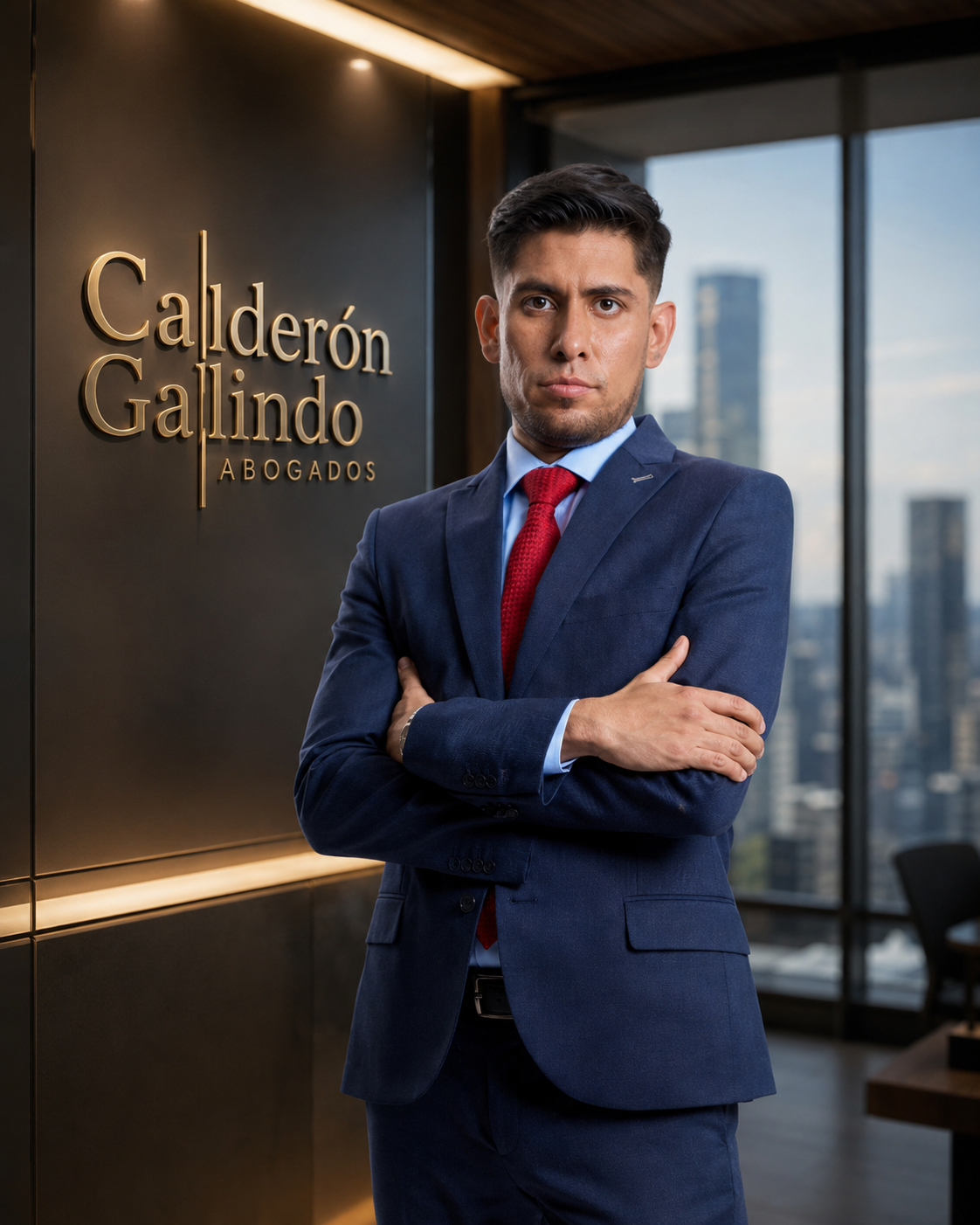 Abogado frente al logo de la firma