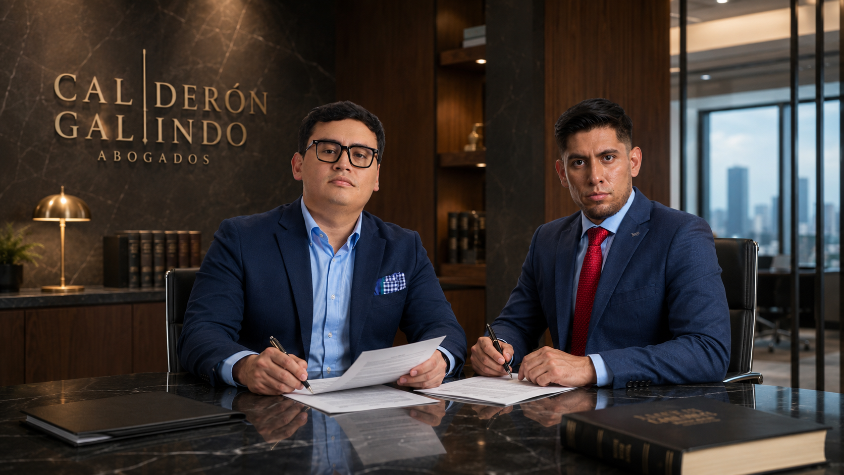 Dos abogados revisando y firmando documentos en la oficina